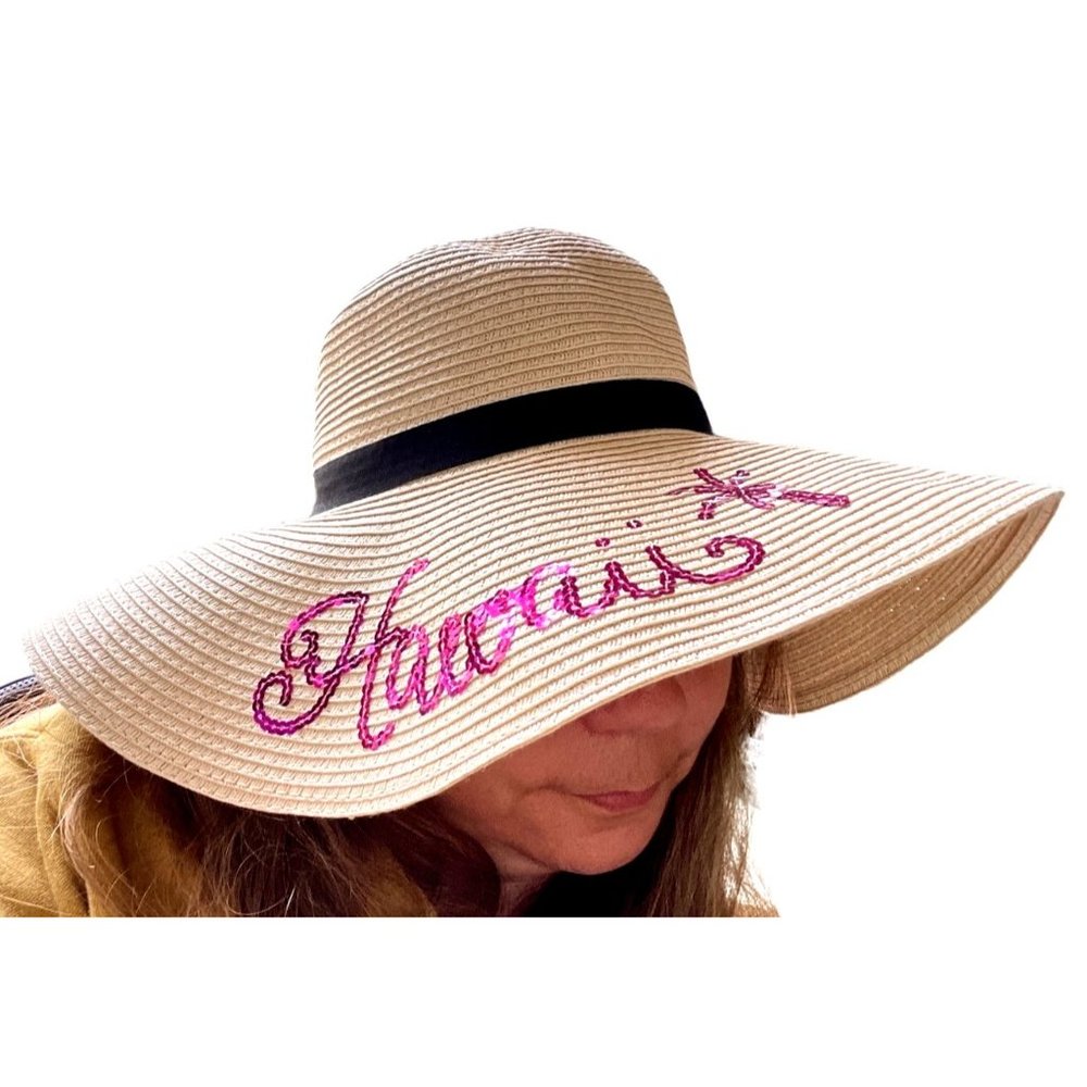 Surfwear Hawaiian Straw Sun Hat Classic Beach Hat Pink Sequins Women's Regular O - Picture 10 of 10